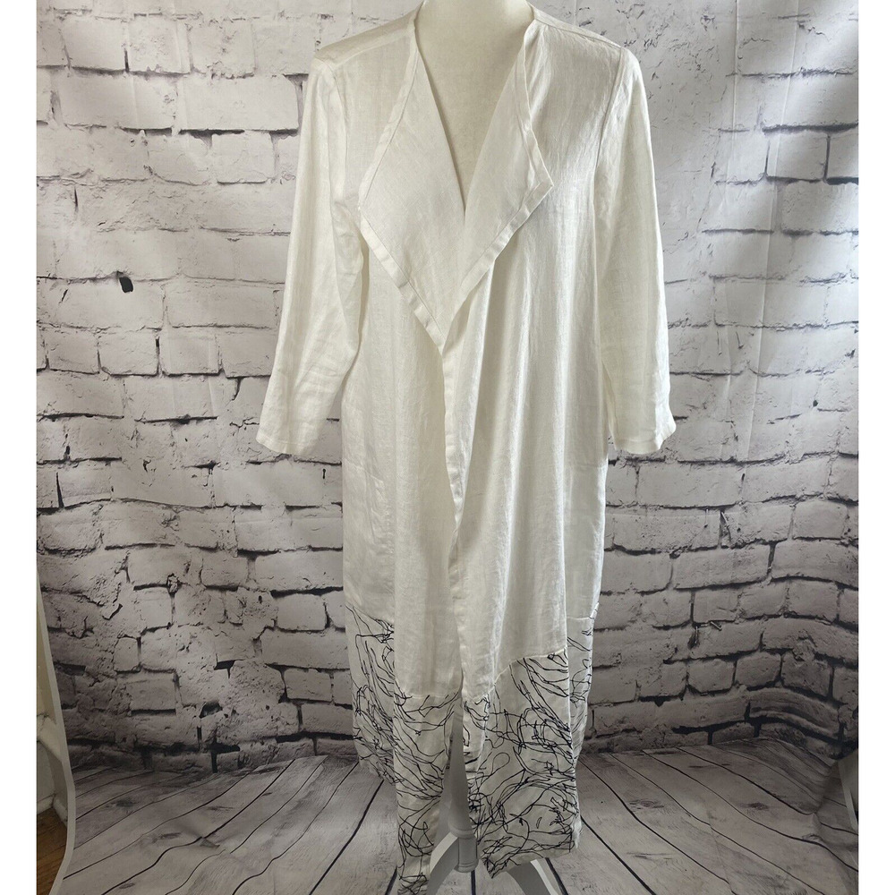 Fenini Jacket Womens Medium‎ Linen Mid Length Pockets Open Front White